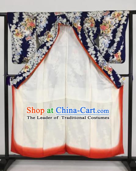 Japan Traditional Printing Navy Kimonos Furisode Kimono Ancient Yukata Dress Formal Costume for Women