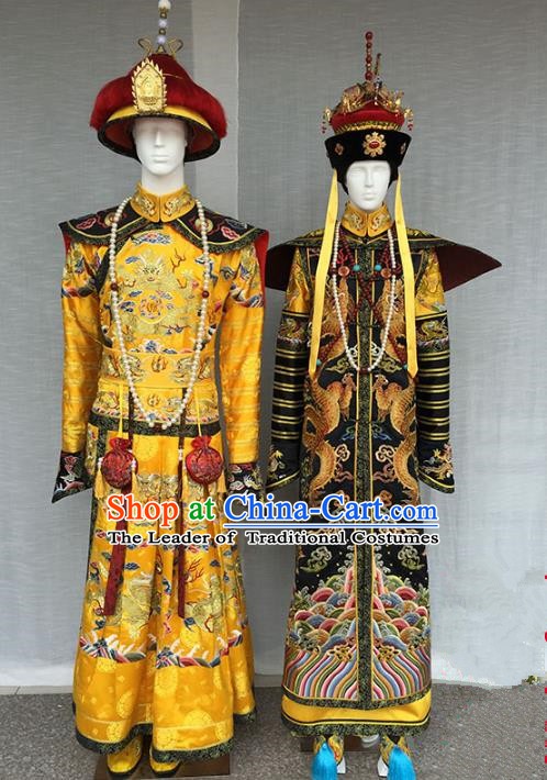 Chinese Qing Dynasty Manchu Emperor and Empress Embroidered Costume Complete Set