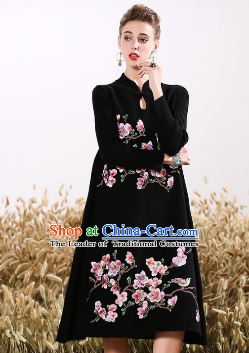 Chinese National Costume Embroidered Peach Blossom Qipao Dress Cheongsam for Women
