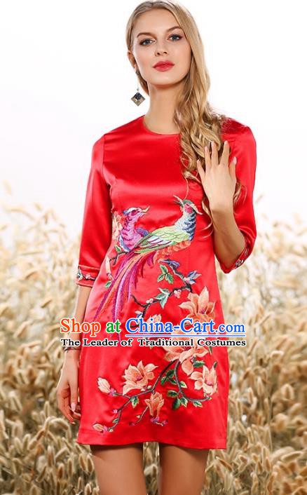 Chinese National Costume Embroidered Red Silk Qipao Dress Cheongsam for Women