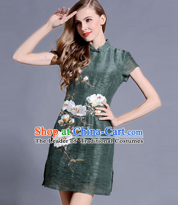 Chinese National Costume Embroidered Green Qipao Dress Stand Collar Cheongsam for Women