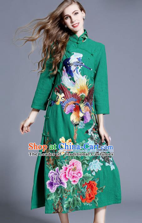 Chinese National Costume Stand Collar Green Cheongsam Embroidered Peony Qipao Dress for Women