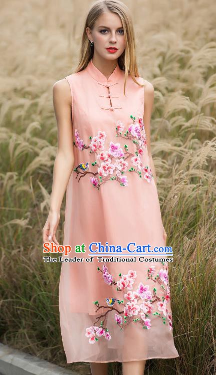 Chinese National Costume Pink Silk Cheongsam Embroidered Peach Blossom Qipao Dress for Women