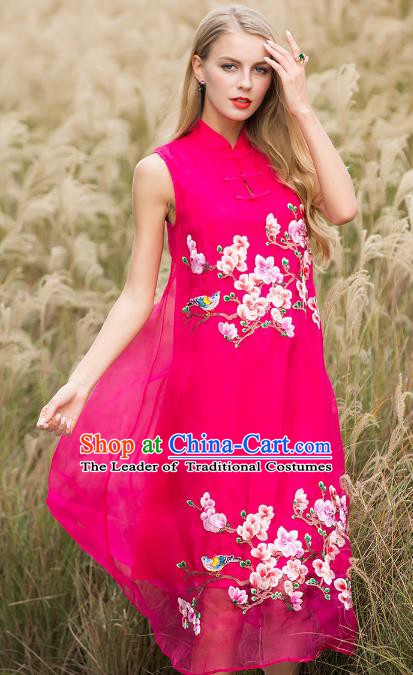 Chinese National Costume Rosy Silk Cheongsam Embroidered Peach Blossom Qipao Dress for Women