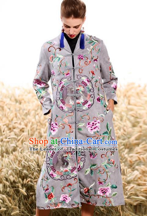 Chinese National Costume Plated Buttons Coats Traditional Embroidered Grey Dust Coat for Women