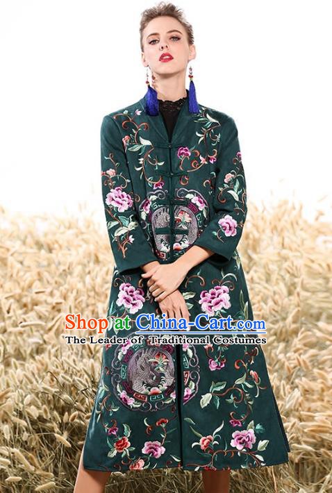 Chinese National Costume Plated Buttons Coats Traditional Embroidered Green Dust Coat for Women