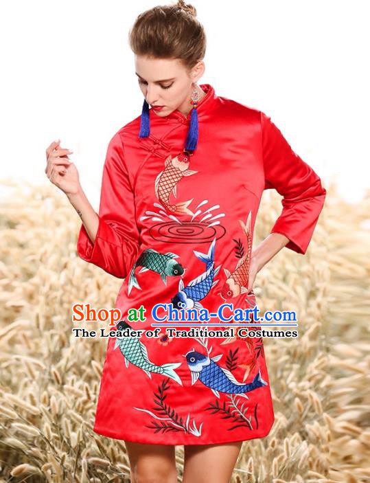 Chinese National Costume Tang Suit Cotton Wadded Jacket Traditional Embroidered Red Blouse for Women