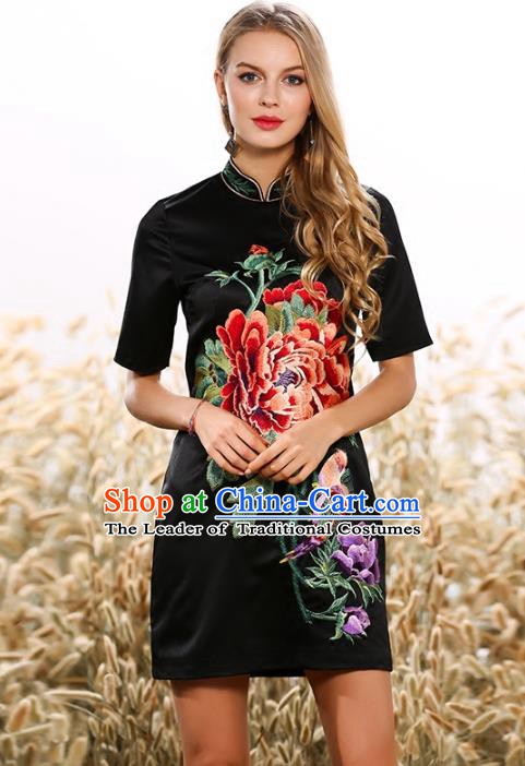 Chinese National Costume Cheongsam Embroidered Peony Black Dress Tang Suit Qipao for Women