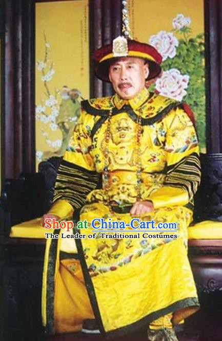 Chinese Traditional Majesty Historical Costume China Qing Dynasty Kangxi Emperor Embroidered Dragon Robe Clothing