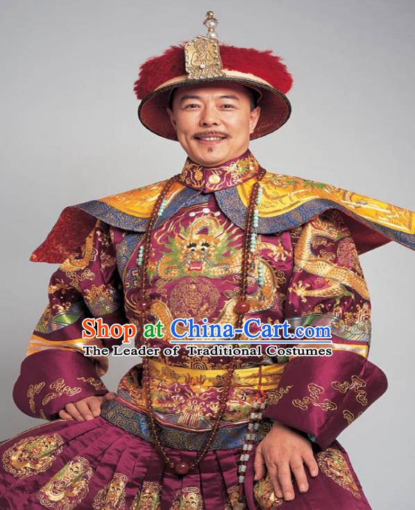 Chinese Traditional Majesty Historical Costume China Qing Dynasty Qianlong Emperor Embroidered Dragon Robe Clothing
