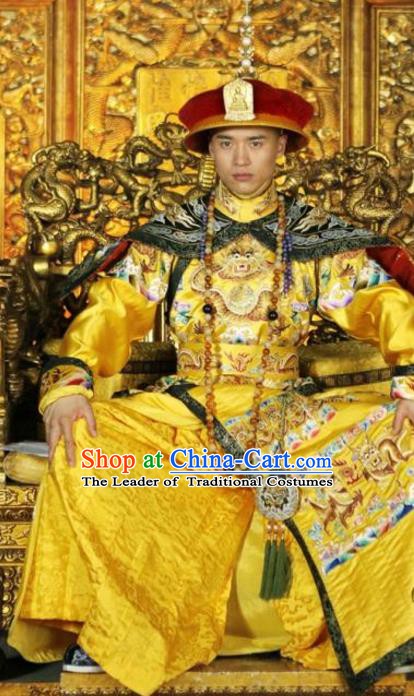 Chinese Ancient Shunzhi Emperor Historical Costume China Qing Dynasty Kaiser Embroidered Clothing