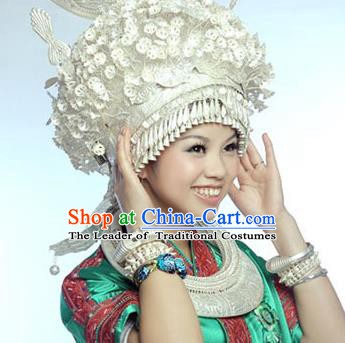 Traditional Chinese Miao Nationality Phoenix Coronet Hair Accessories Sliver Crown Headwear for Women