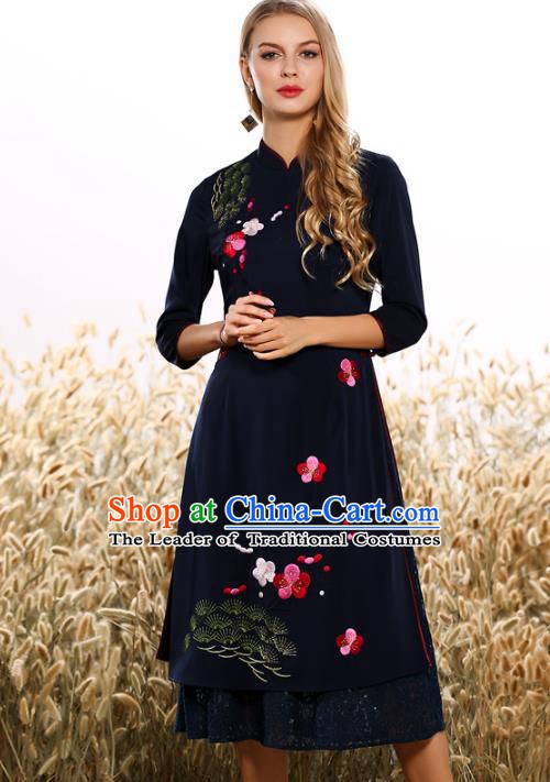 Chinese National Costume Tang Suit Navy Qipao Dress Traditional Embroidered Peach Blossom Cheongsam for Women