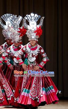 Traditional Chinese Miao Minority Nationality Costume Hmong Folk Dance Red Dress for Women