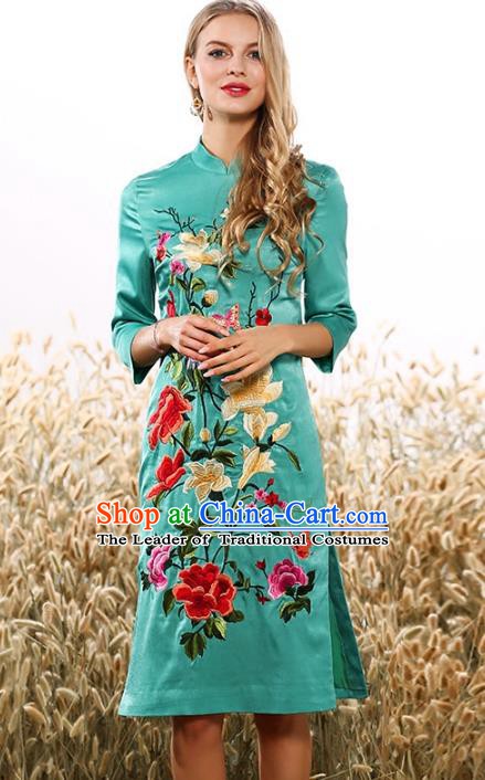 Chinese National Costume Tang Suit Green Qipao Dress Traditional Embroidered Flowers Cheongsam for Women