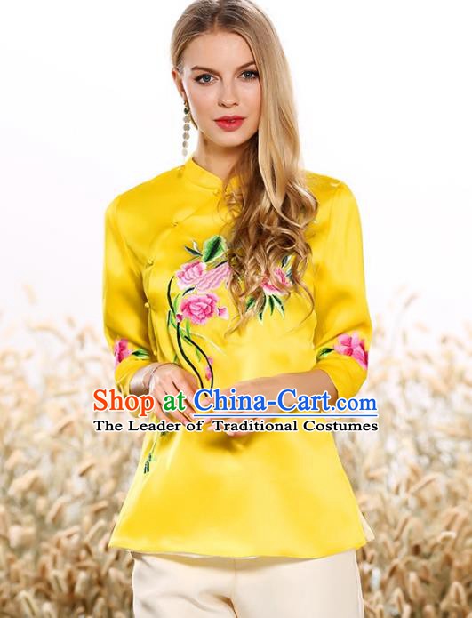 Chinese National Costume Tang Suit Qipao Yellow Blouse Traditional Embroidered Peony Shirts for Women