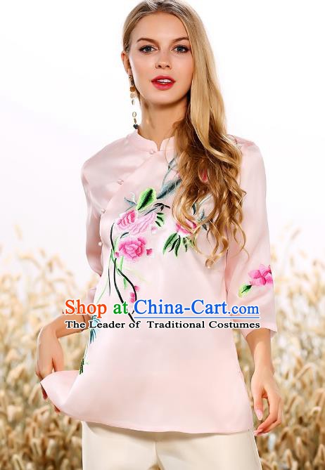 Chinese National Costume Tang Suit Qipao Pink Blouse Traditional Embroidered Peony Shirts for Women