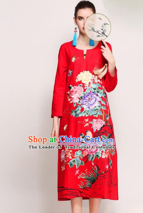 Chinese National Costume Tang Suit Red Qipao Dress Traditional Embroidered Peony Flowers Cheongsam for Women