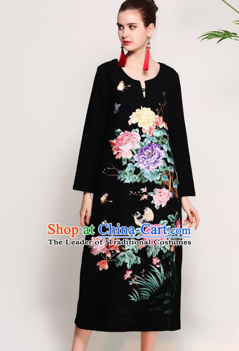 Chinese National Costume Tang Suit Black Qipao Dress Traditional Embroidered Peony Flowers Cheongsam for Women