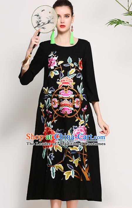 Chinese National Costume Tang Suit Qipao Dress Traditional Embroidered Peony Black Cheongsam for Women