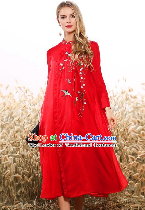 Chinese National Costume Tang Suit Qipao Dress Traditional Embroidered Red Cheongsam for Women