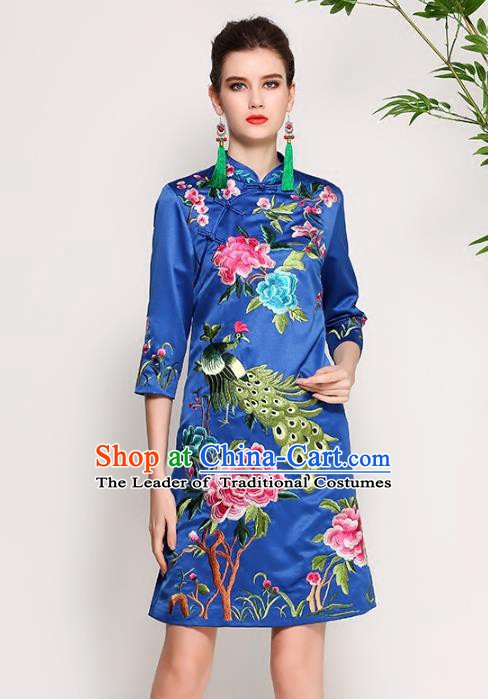 Chinese National Costume Tang Suit Blue Silk Qipao Dress Traditional Embroidered Peony Cheongsam for Women