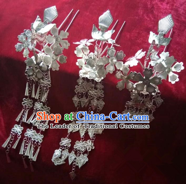 Traditional Chinese Miao Nationality Hair Accessories Tassel Hairpins Hmong Sliver Hair Clip Headwear for Women