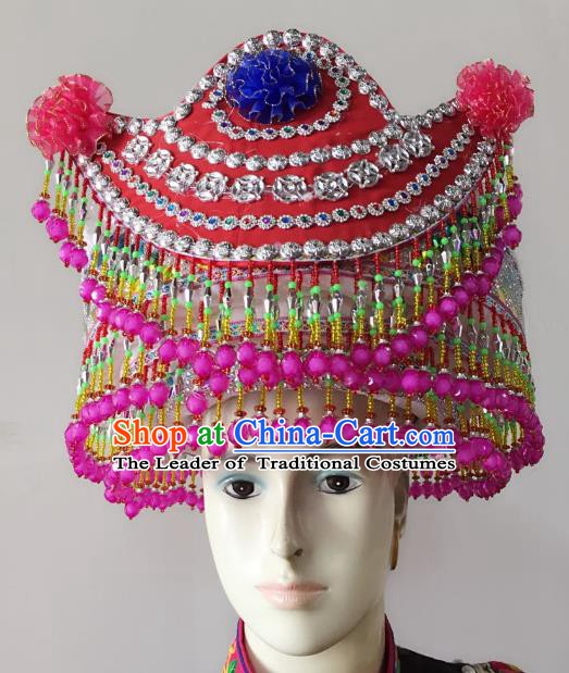 Traditional Chinese Bai Nationality Hair Accessories Beads Tassel Hats Yi Ethnic Minority Headwear for Women