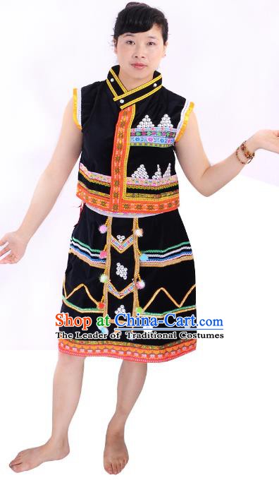 Traditional Chinese Wa Nationality Folk Dance Black Costume China Ethnic Minority Skirt for Women