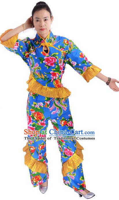 Traditional Chinese Yangge Fan Dance Costume, China Folk Dance Yangko Blue Clothing for Women