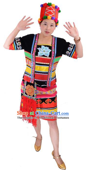 Traditional Chinese Hani Nationality Dance Costume, Female Folk Dance Ethnic Minority Embroidery Clothing for Women