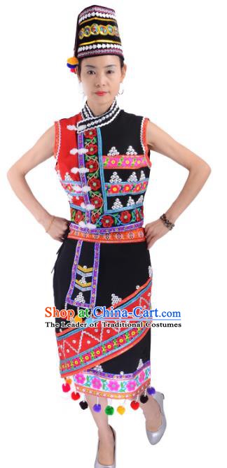 Traditional Chinese Gaoshan Nationality Dance Costume, Female Folk Dance Ethnic Minority Embroidery Clothing for Women