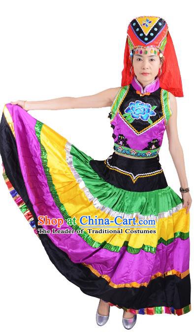 Traditional Chinese Yi Nationality Dance Costume, Female Folk Dance Ethnic Minority Pleated Skirt for Women