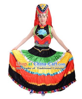 Traditional Chinese Yi Nationality Dance Costume, Female Folk Dance Ethnic Minority Red Pleated Skirt for Women
