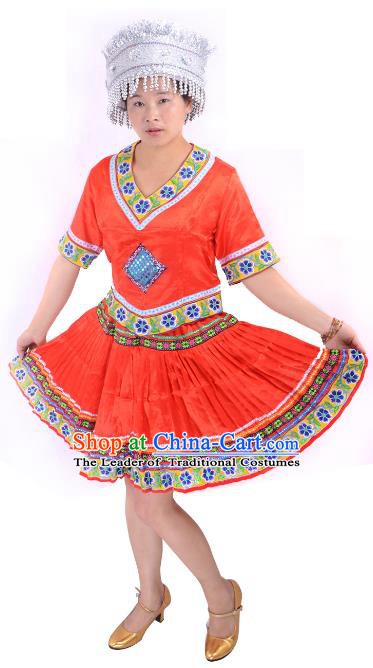 Traditional Chinese Miao Nationality Costume China Hmong Ethnic Minority Red Dress for Women