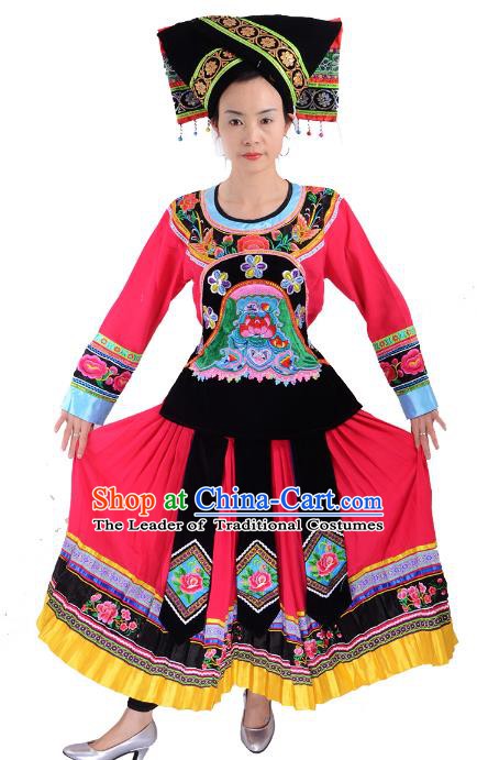 Traditional Chinese Yi Nationality Dance Pink Costume, Female Folk Dance Yi Ethnic Minority Clothing for Women
