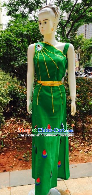 Traditional Chinese Dai Nationality Peacock Dance Costume, Folk Dance Ethnic Pavane Dance Green Dress for Women