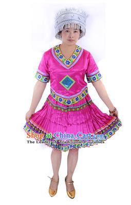 Traditional Chinese Miao Nationality Costume China Hmong Ethnic Minority Rosy Dress for Women