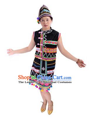 Traditional Chinese Gaoshan Nationality Folk Dance Costume China Ethnic Minority Black Dress for Women
