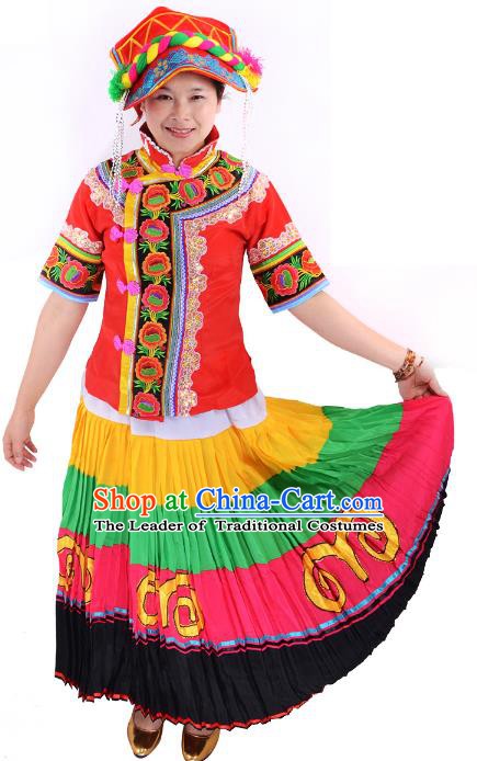 Traditional Chinese Yi Nationality Folk Dance Costume China Ethnic Minority Pleated Skirt for Women