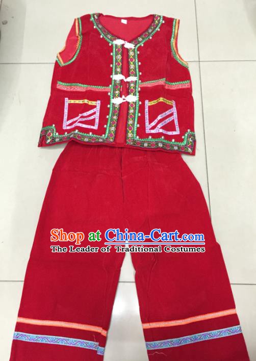 Traditional Chinese Yi Nationality Red Costume, Folk Dance Yi Ethnic Dance Clothing for Kids