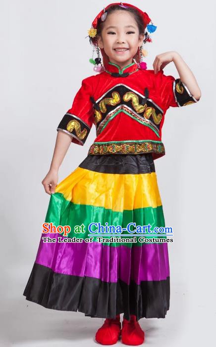 Traditional Chinese Yi Nationality Red Costume, China Yi Ethnic Folk Dance Clothing for Kids