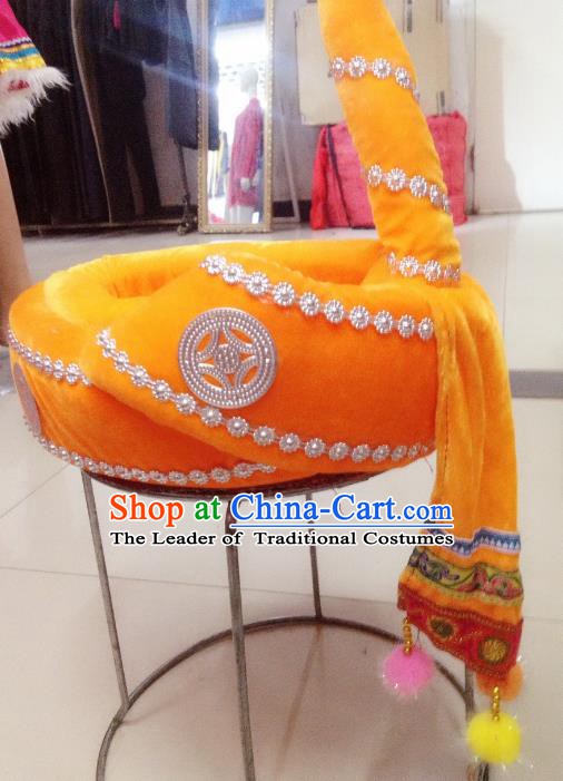 Traditional Chinese Yi Nationality Hair Accessories Yellow Hats Ethnic Minority Headwear for Men
