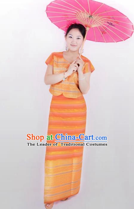 Traditional Chinese Dai Nationality Costume, China Peacock Dance Folk Dance Orange Dress for Women