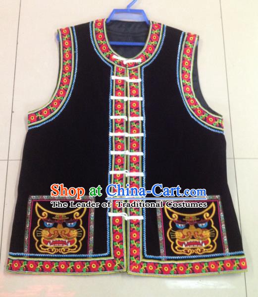 Traditional Chinese Bai Nationality Costume Embroidered Black Vests Ethnic Folk Dance Clothing for Men