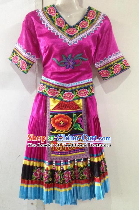Traditional Chinese Yi Nationality Minority Dance Rosy Dress, Female Folk Dance Yi Ethnic Clothing for Women