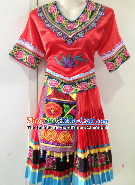 Traditional Chinese Yi Nationality Minority Dance Red Dress, Female Folk Dance Yi Ethnic Clothing for Women