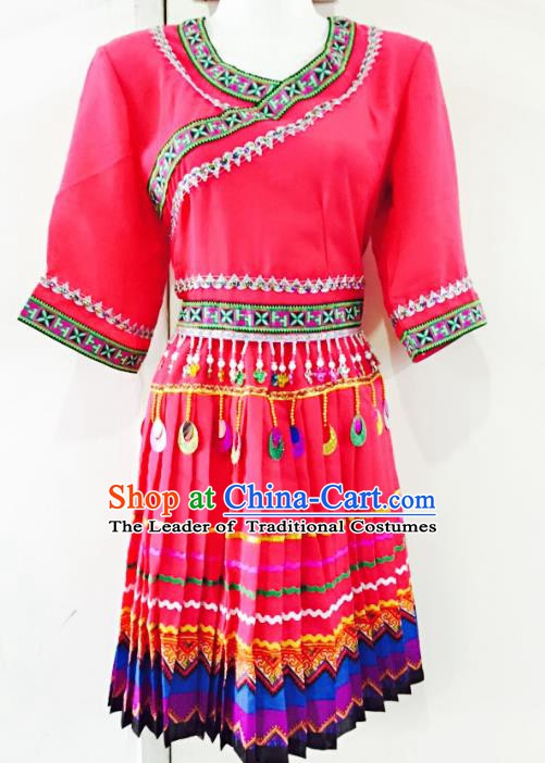 Traditional Chinese Miao Nationality Dance Costume Rosy Dress Folk Dance Ethnic Clothing for Women