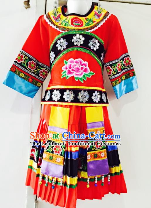 Traditional Chinese Jingpo Nationality Dance Costume Folk Dance Ethnic Red Dress Clothing for Kids