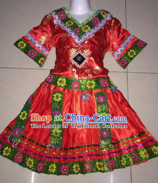 Traditional Chinese Qiang Nationality Performance Embroidered Costume Folk Dance Ethnic Red Dress Clothing for Women